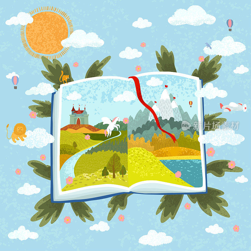 Illustration of open book with fabulous pictures